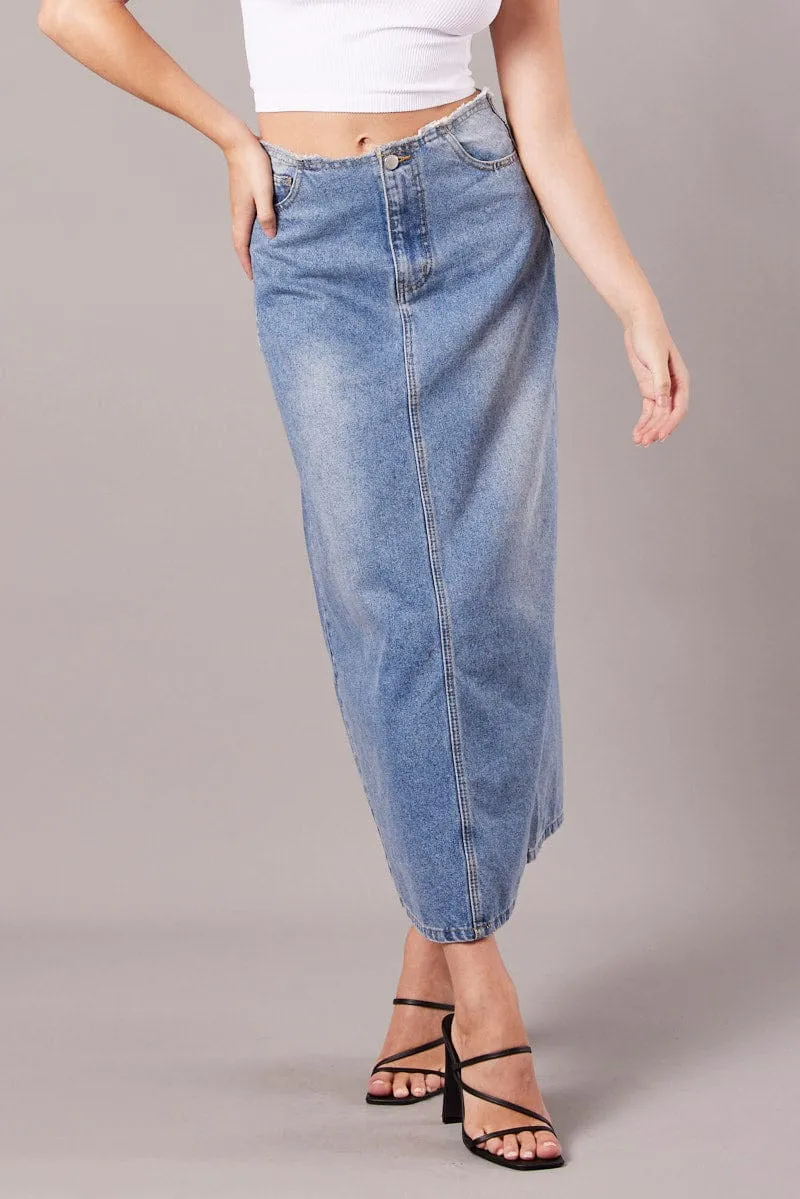 Casual Style Denim Maxi Skirt High Rise A-line Raw Edge Denim