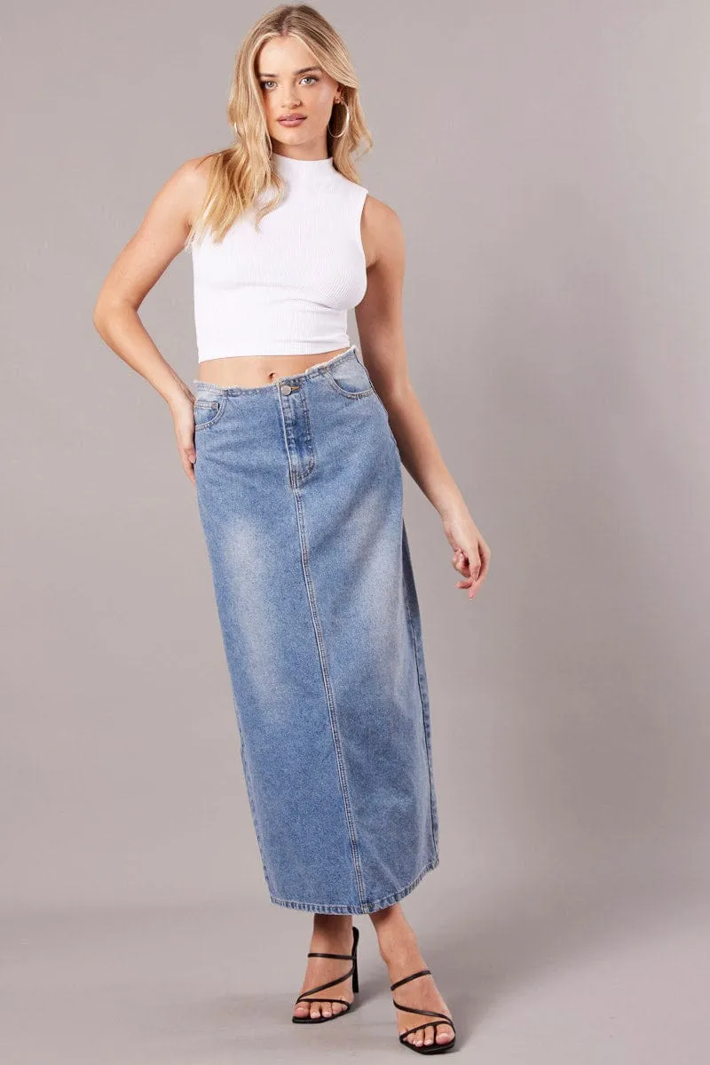 Denim Maxi Skirt High Rise A-line Raw Edge Denim Chic Look