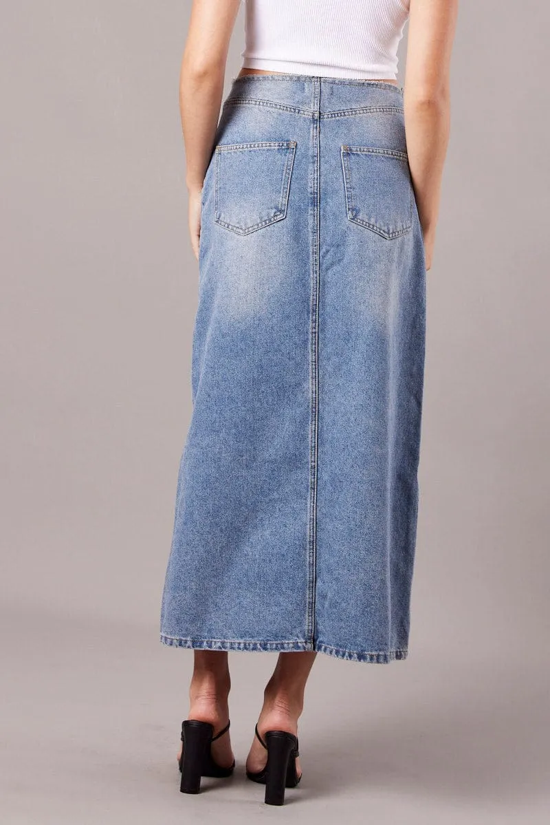 Denim Maxi Skirt High Rise A-line Raw Edge Denim Daily Style