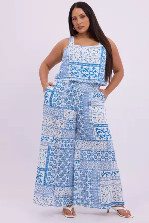 chiffon flow Print Art White Boho Jumpsuit Sleeveless Linen Blend