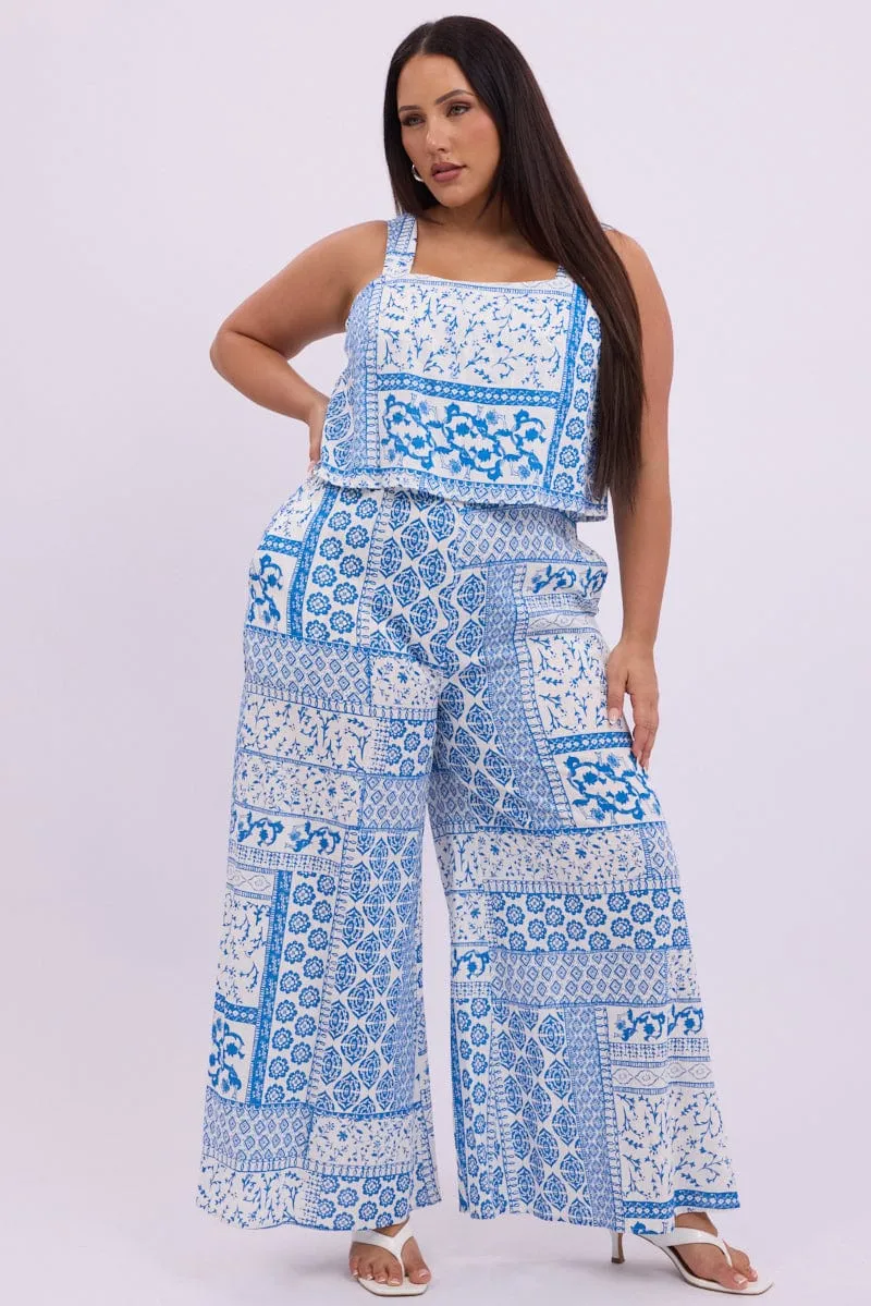 White Boho Jumpsuit Sleeveless Linen Blend Tile Court