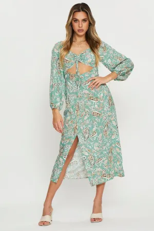 Trendy Fashion Print Midi Dress Long Sleeve