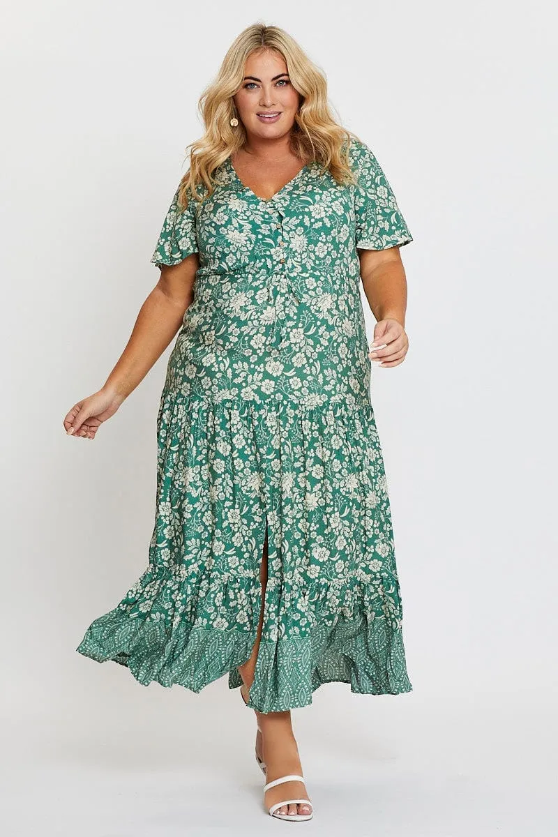 Boho Print Midi Dress V-neck Short Sleeve Dawn Calm