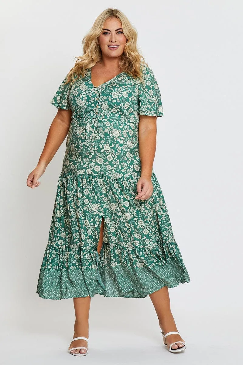 Tide Glow Boho Print Midi Dress V-neck Short Sleeve