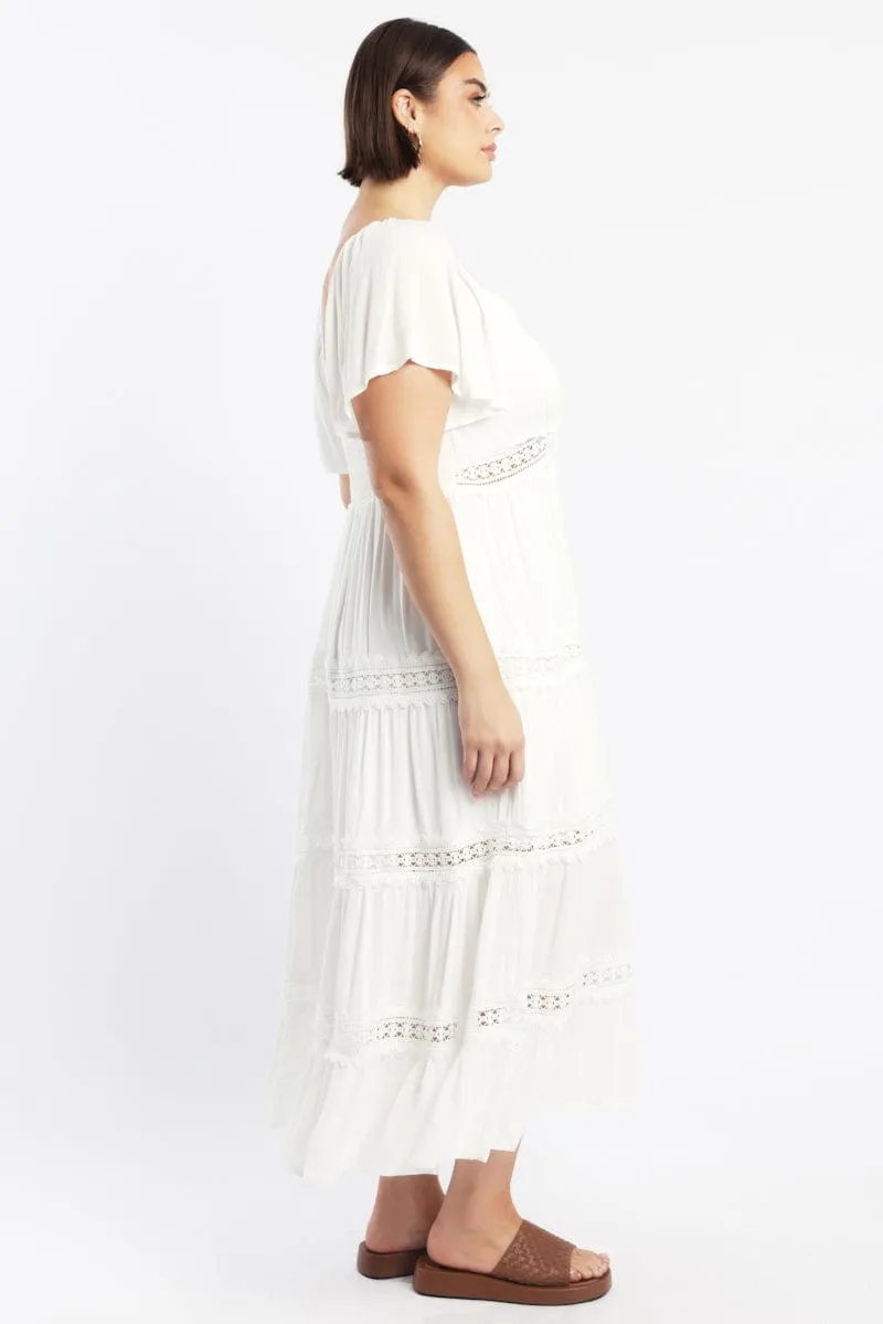 Love Mood White Maxi Dress Short Sleeve Tiered Crochet
