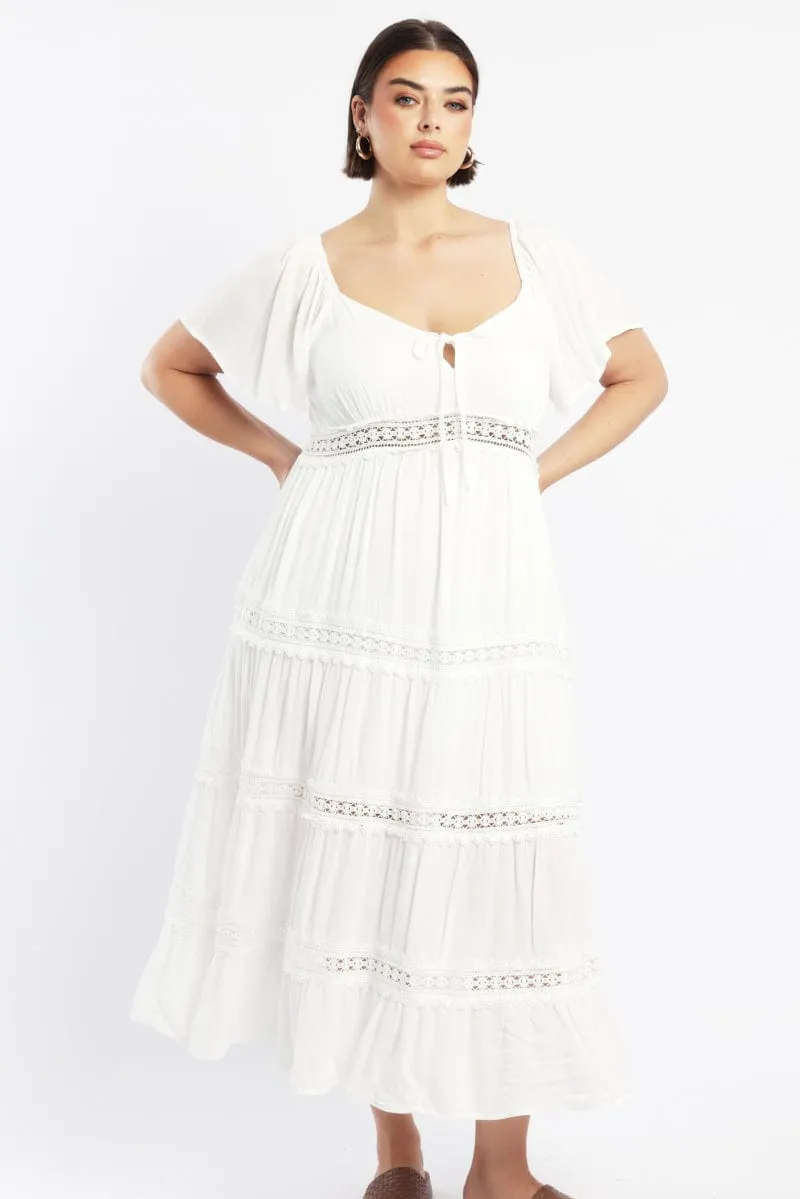 Navy Tone White Maxi Dress Short Sleeve Tiered Crochet