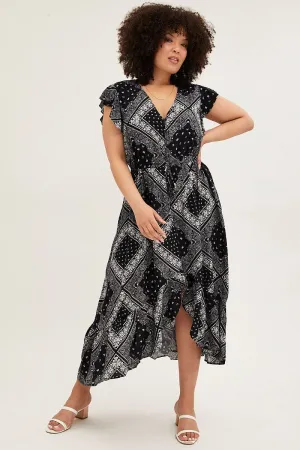 Black Boho Maxi Dress Bandana Button Front High Low Animal Print
