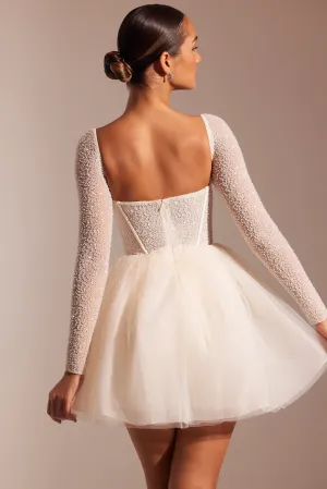 Embellished Long Sleeve Tulle Skirt Mini Dress in Ivory Floral Pattern Heat Beat