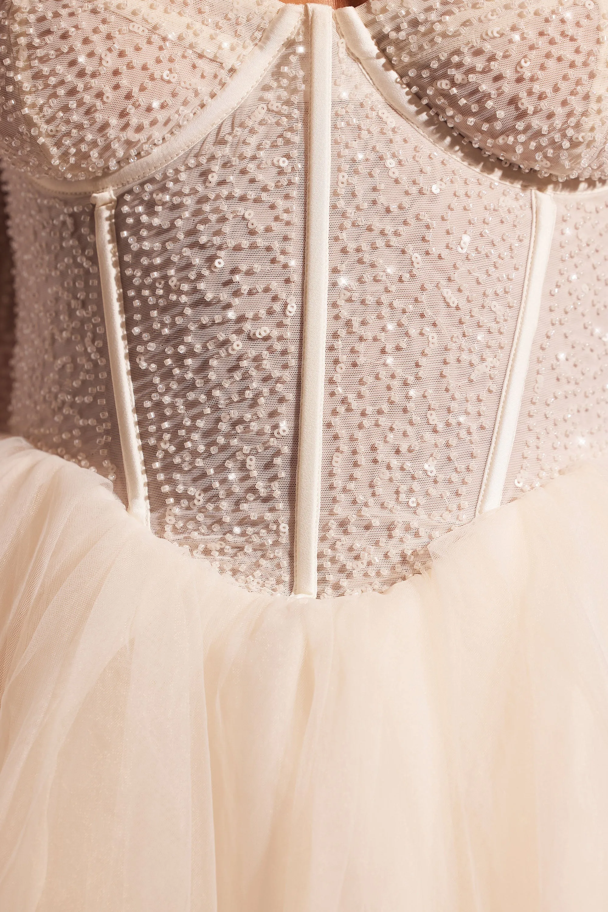 Trendy Vibes Skin Tint Embellished Long Sleeve Tulle Skirt Mini Dress in Ivory