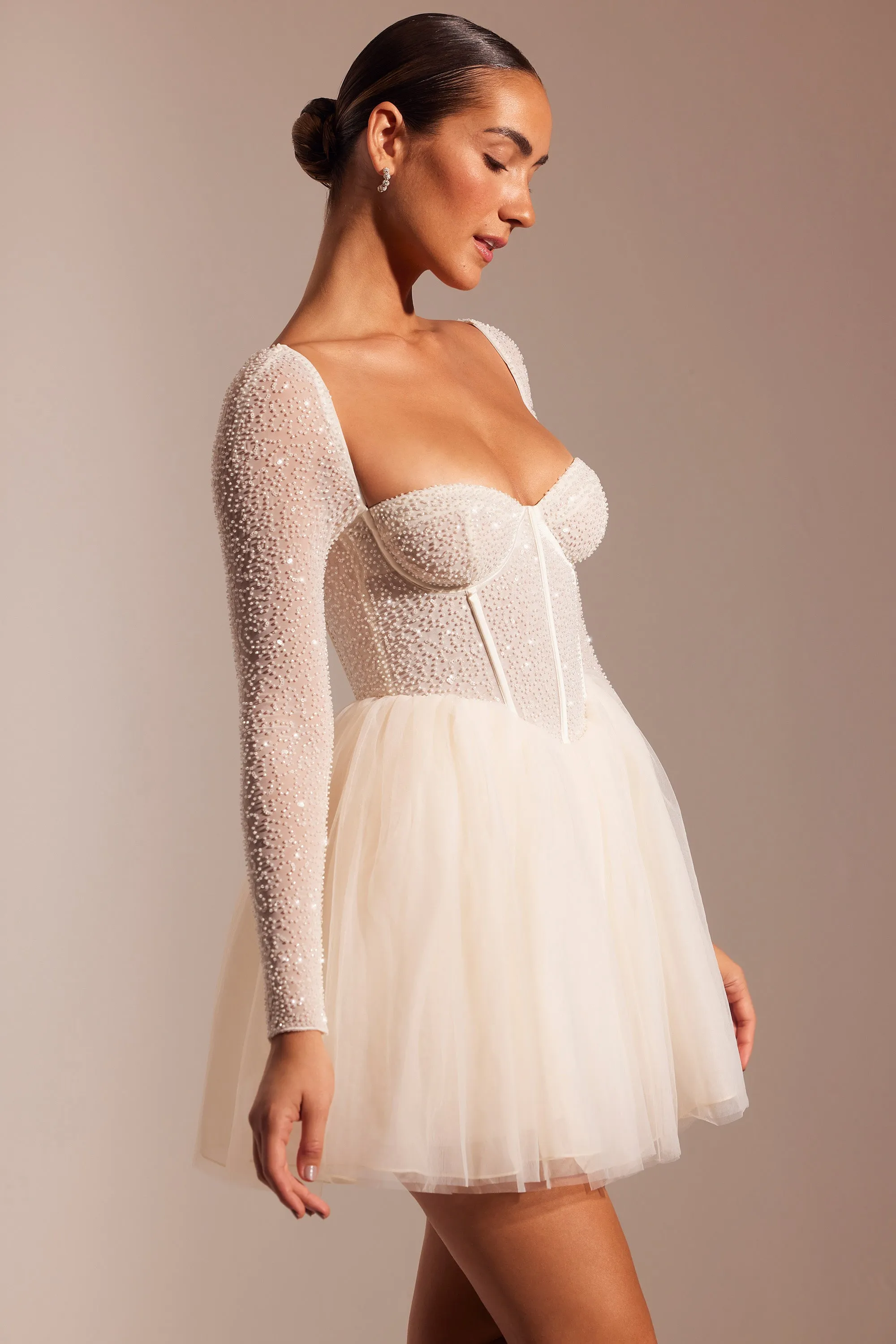 Embellished Long Sleeve Tulle Skirt Mini Dress in Ivory Fashionable short dress for events