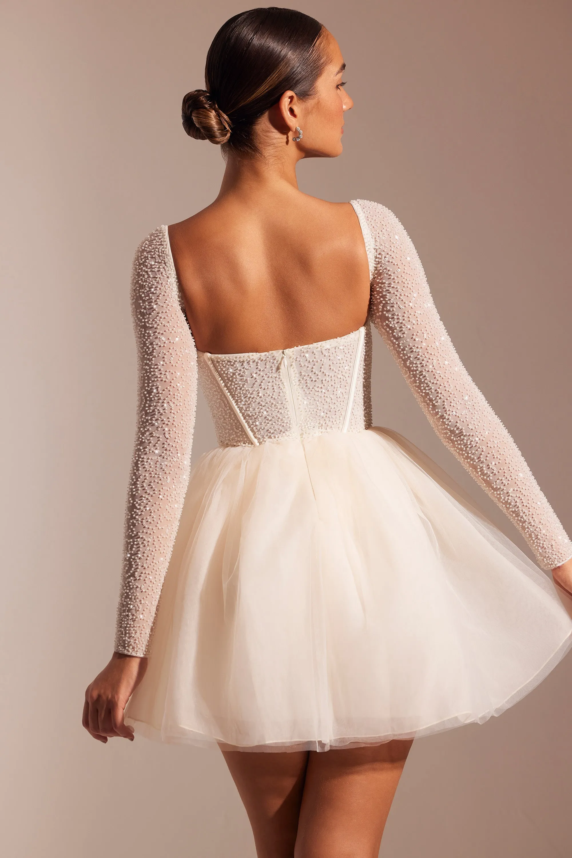 Embellished Long Sleeve Tulle Skirt Mini Dress in Ivory Floral Pattern Heat Beat