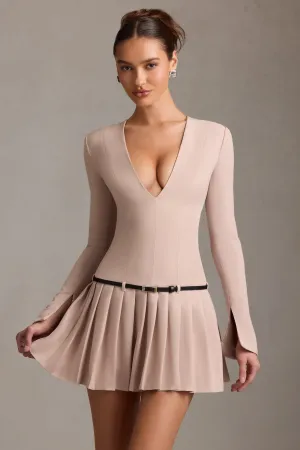 Fun Pop Comfy Fashion Long-Sleeve Pleated Mini Dress in Mushroom