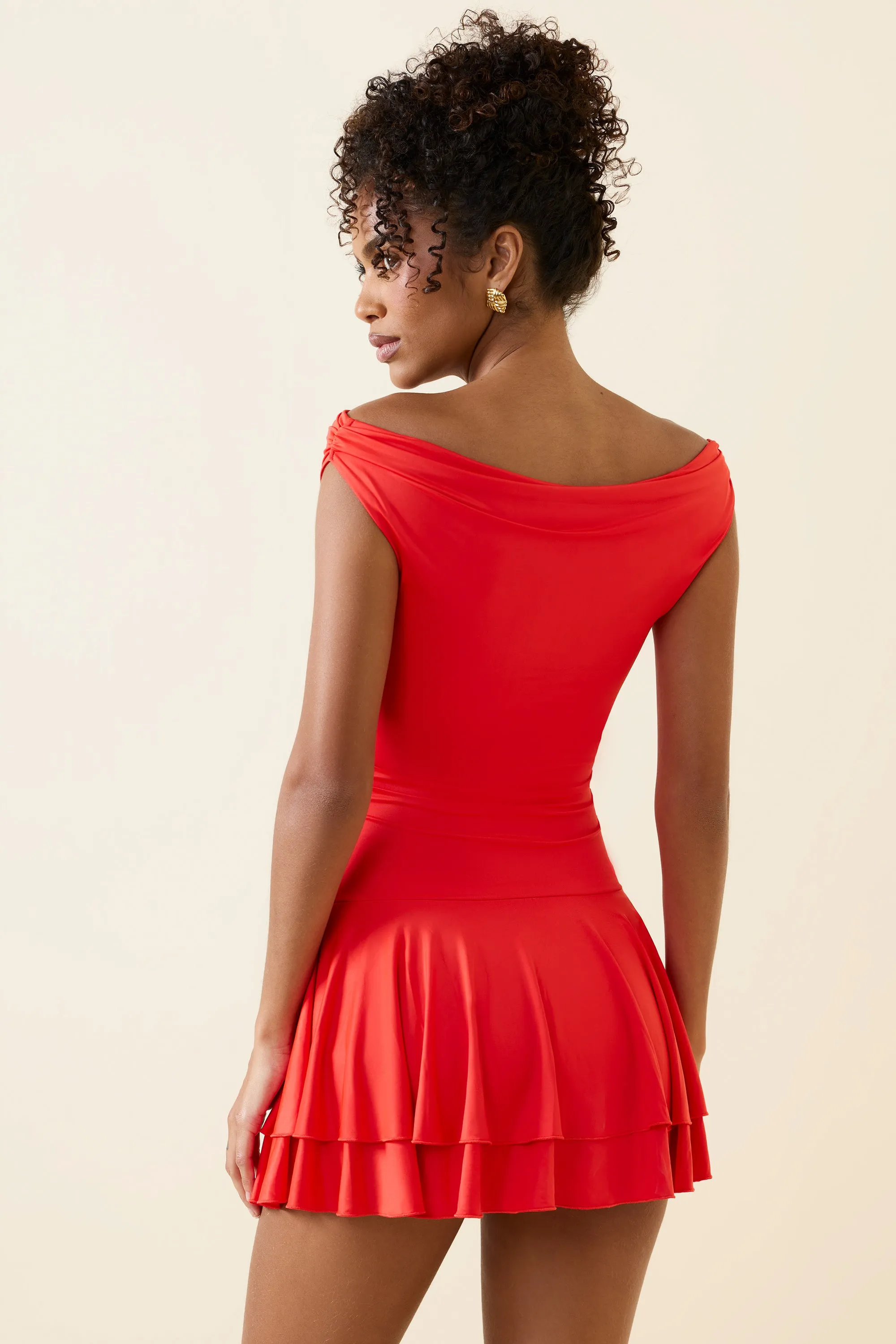 Stage Rush Off-Shoulder Ruffled Mini Dress in Scarlet