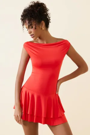 Stretch Fabric Beat Warm Off-Shoulder Ruffled Mini Dress in Scarlet