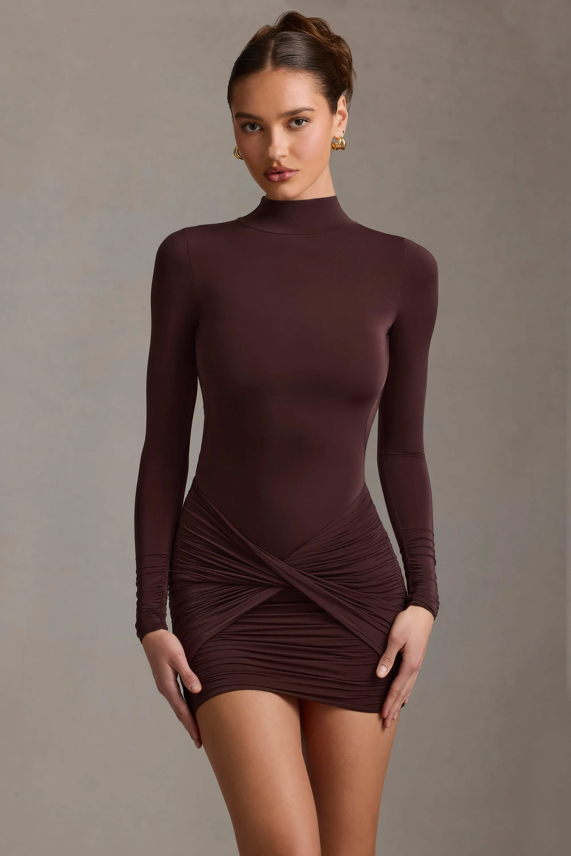Heat Glow Weekend Comfort Ruched Backless Turtleneck Mini Dress in Chocolate Brown