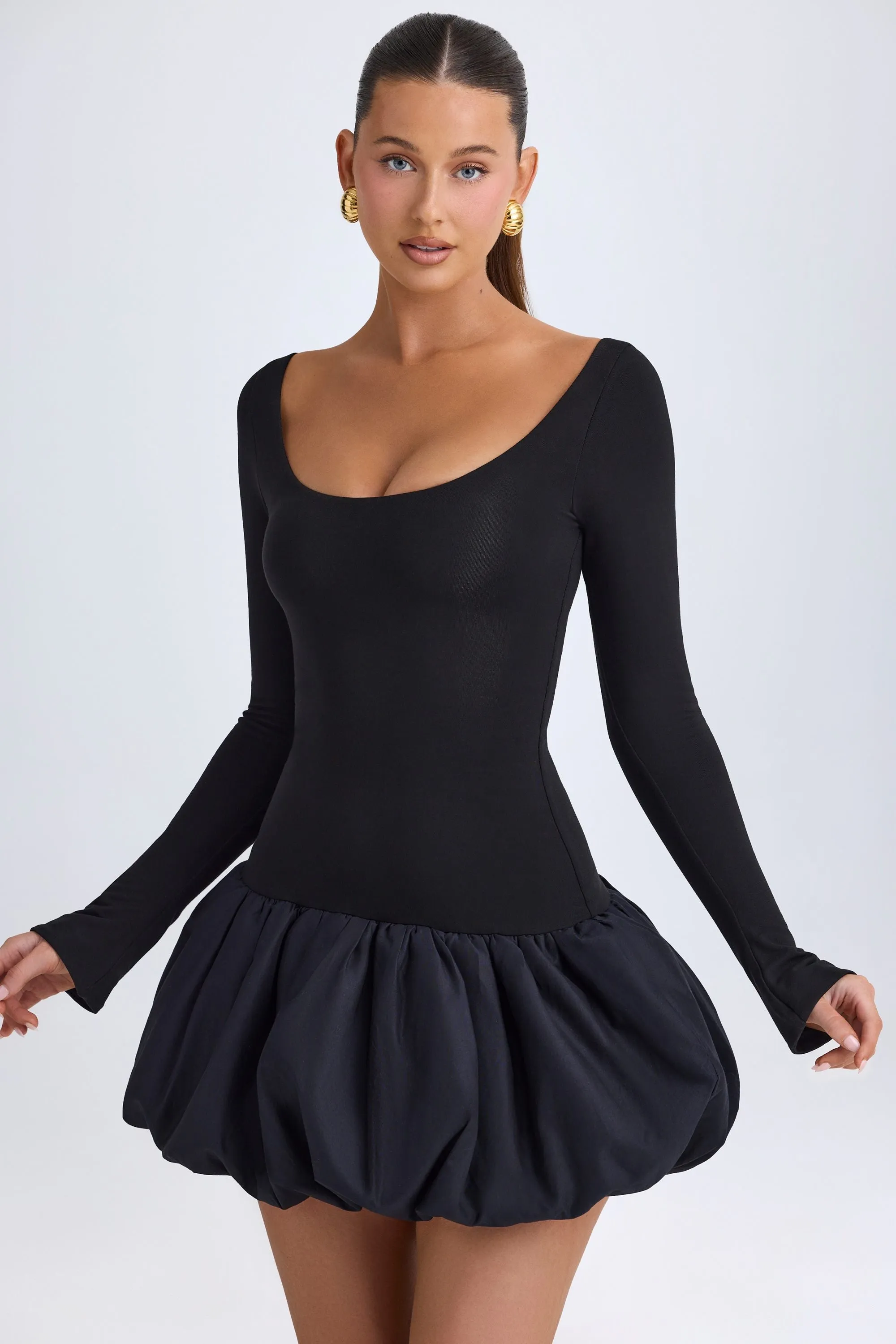 Scoop-Neck Drop-Waist Bubble Hem Mini Dress in Black Perfect For Summer Urban Glow