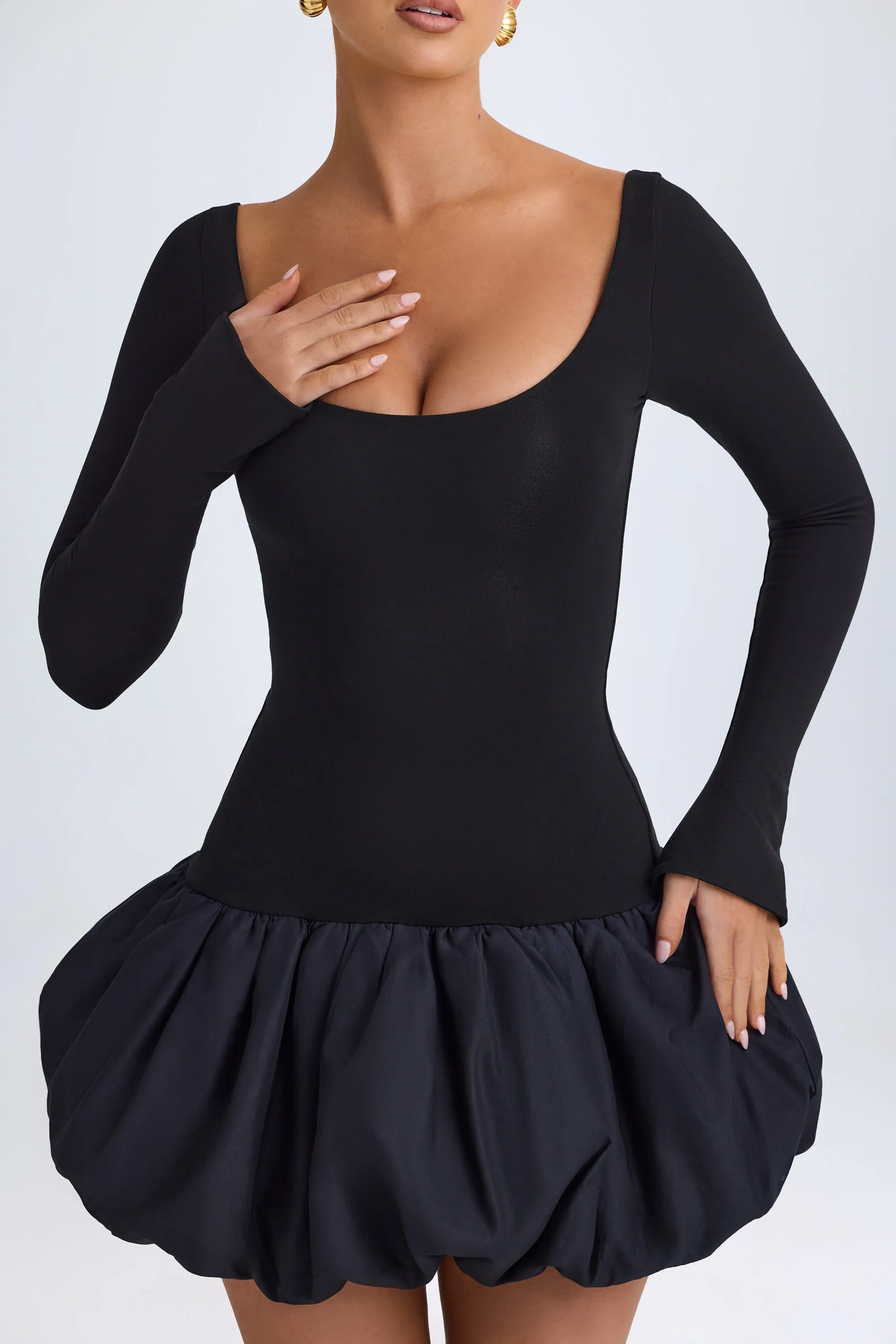 Street Chic Scoop-Neck Drop-Waist Bubble Hem Mini Dress in Black