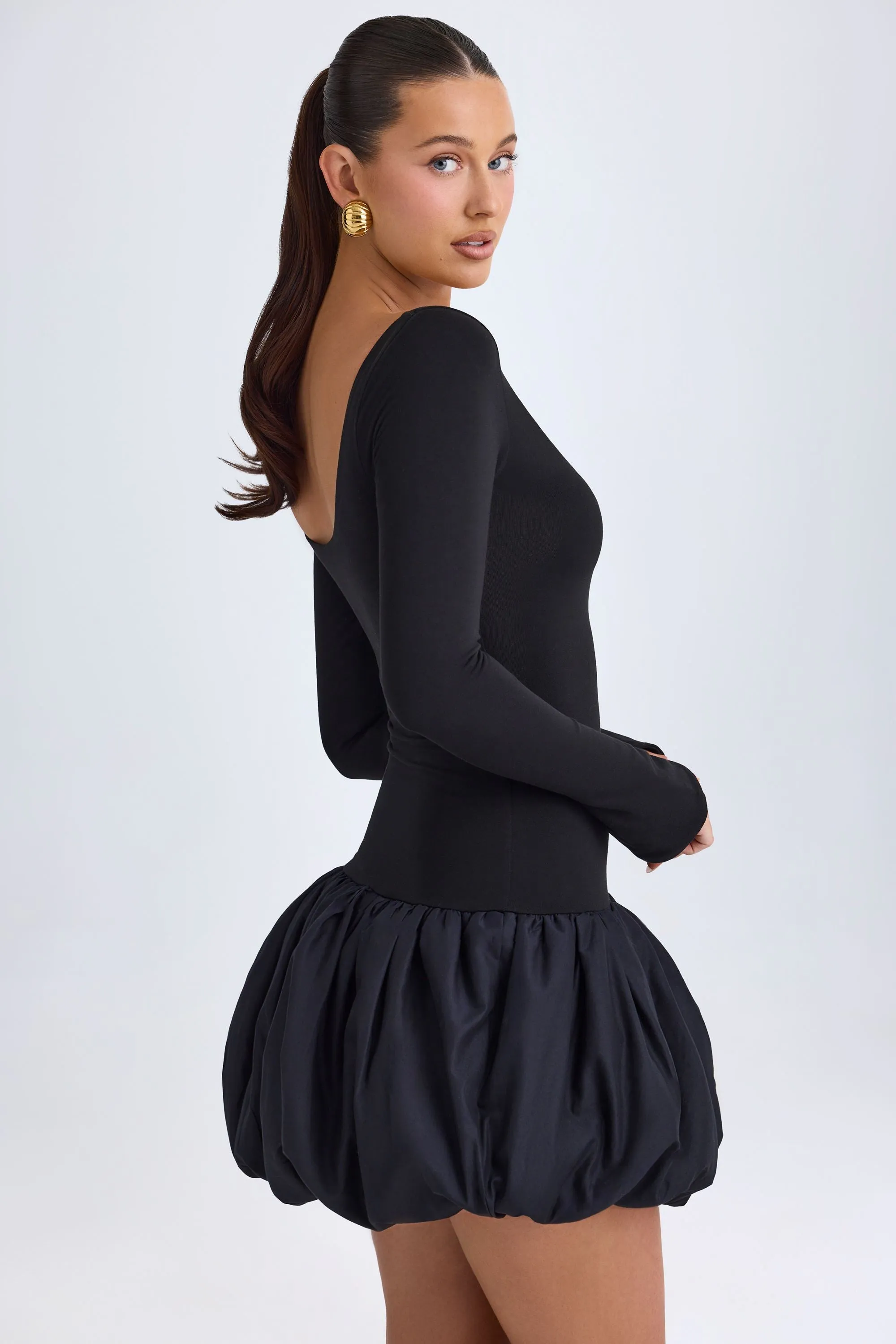 Scoop-Neck Drop-Waist Bubble Hem Mini Dress in Black Trendy Silhouette