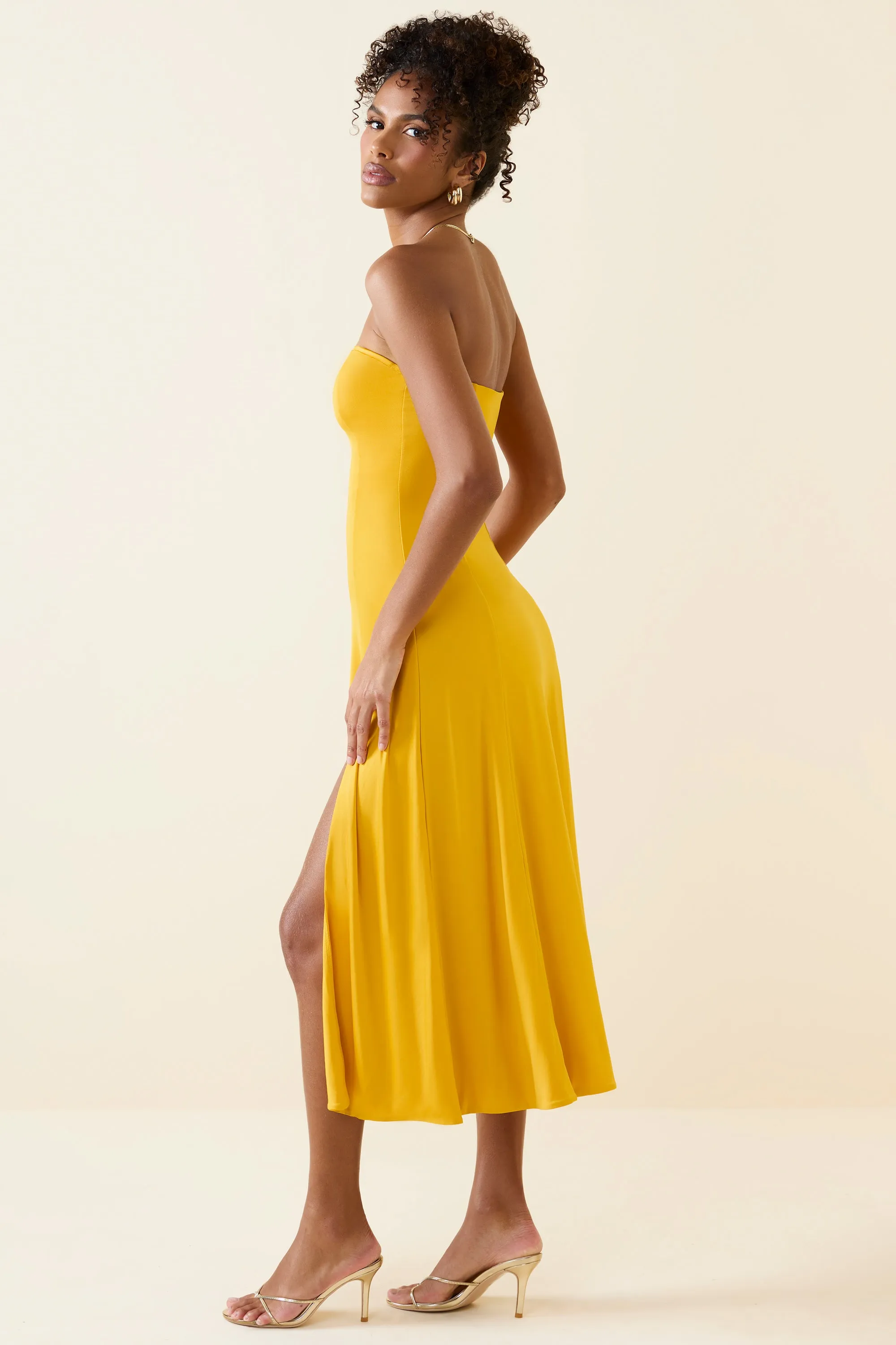 Slinky Jersey Strapless A-Line Midaxi Dress in Golden Yellow Skin Hug