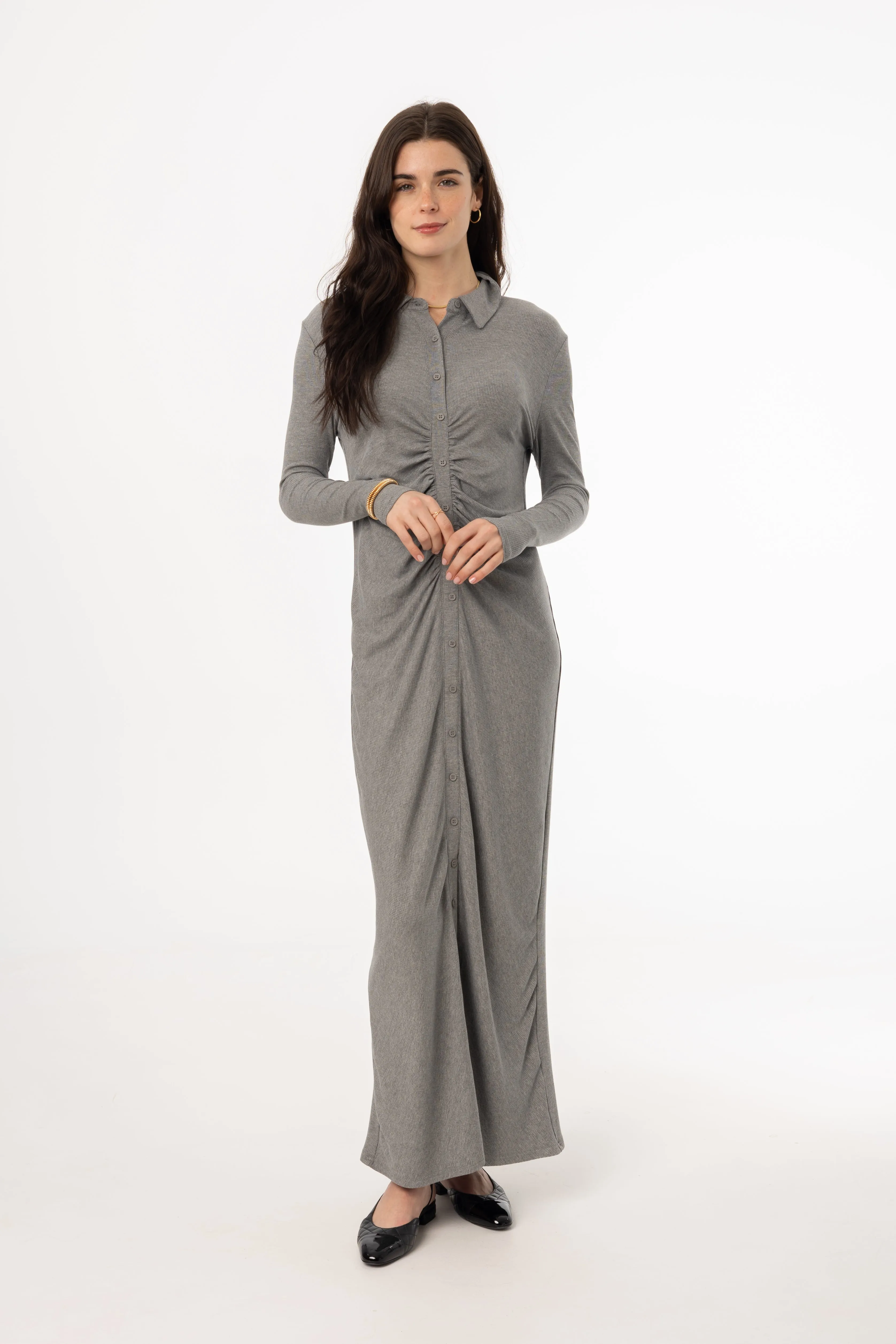 FrictionResistantFabric DurableStitching Grey Ruched Cardi Maxi Dress