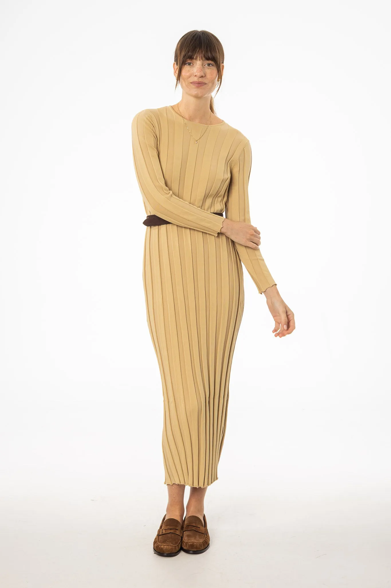Tan Wide Ribbed Maxi Dress Clean Fit QuickPackable Design