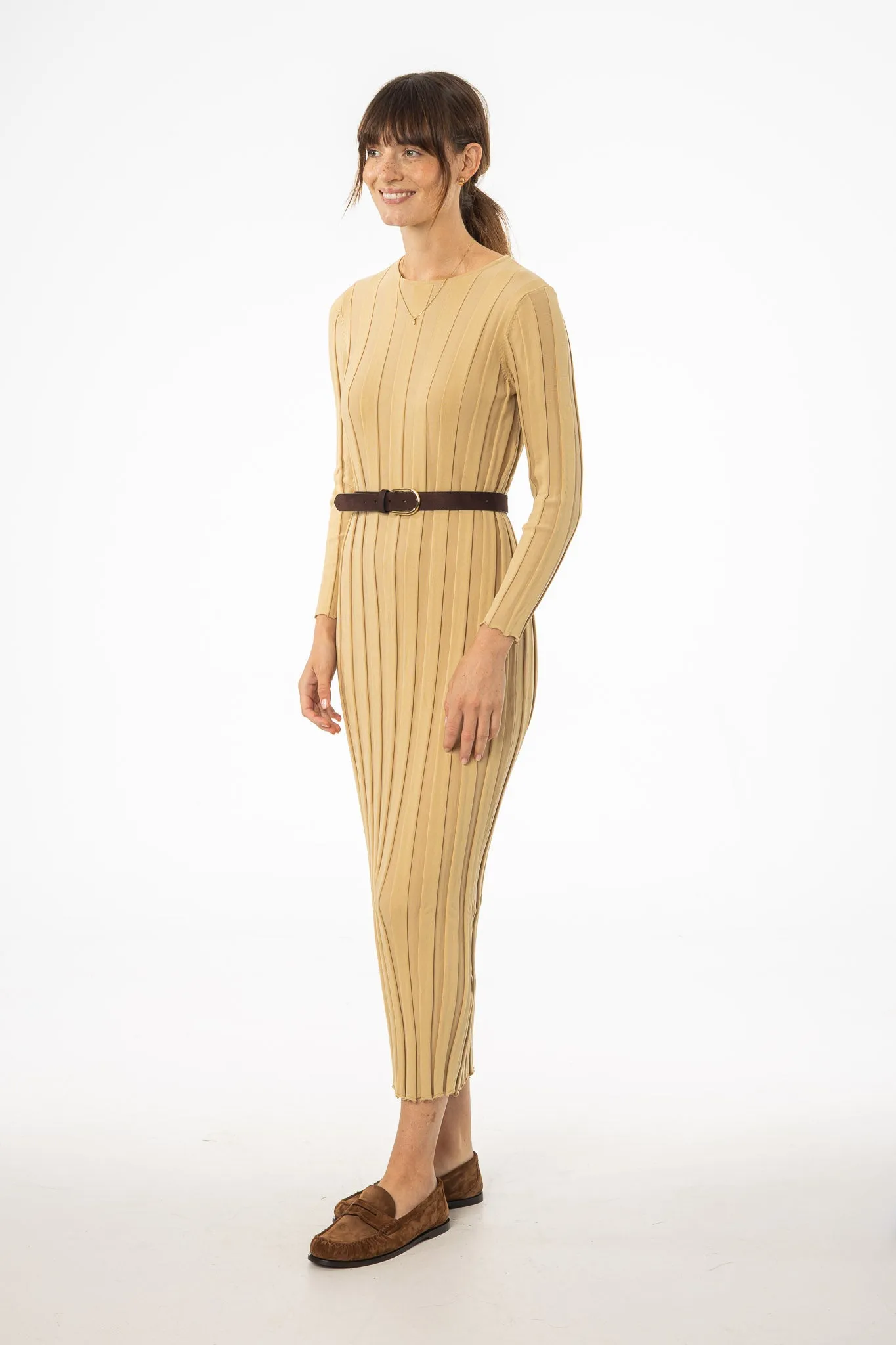 AdjustableWaist Tan Wide Ribbed Maxi Dress