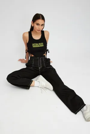 Black Cargo Pants Mid Rise Contrast Stitch High Density Weave