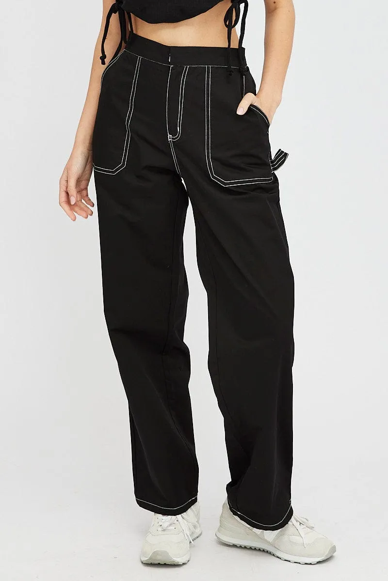 Light and Cozy Sleek Look Black Cargo Pants Mid Rise Contrast Stitch