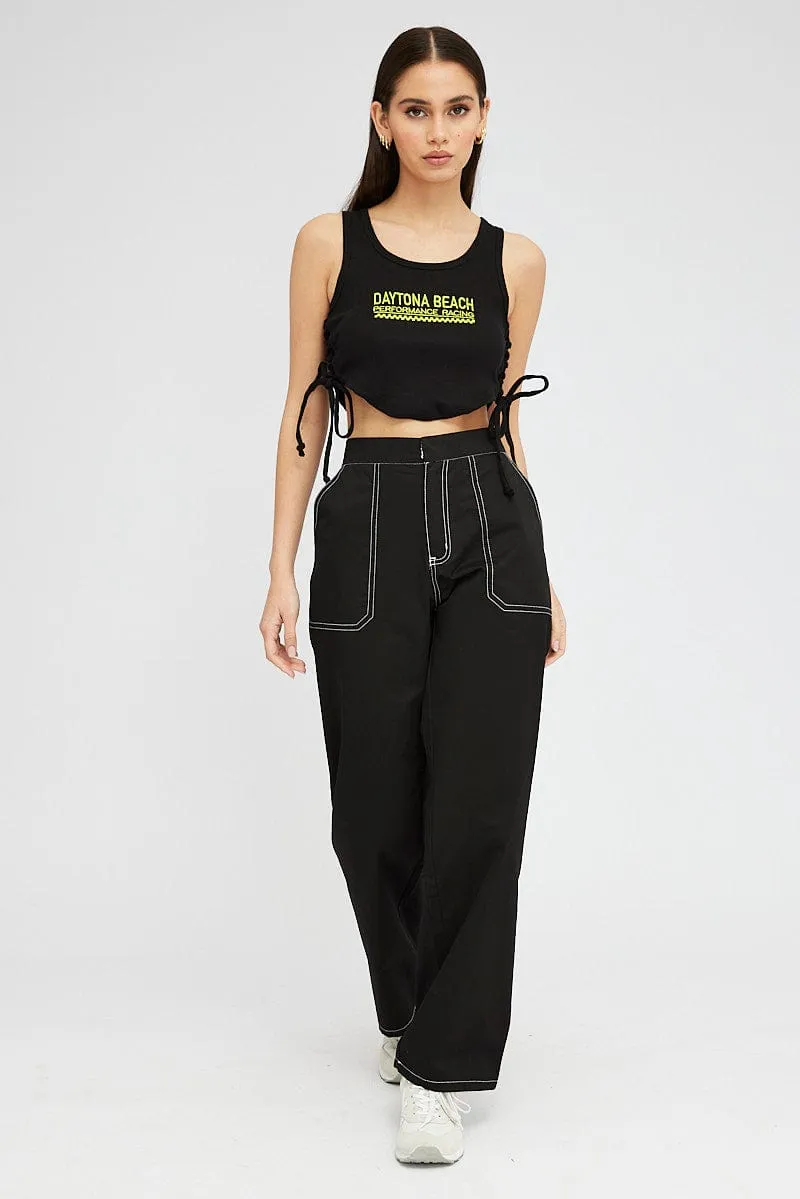 Black Cargo Pants Mid Rise Contrast Stitch Non Slip Waist Grip