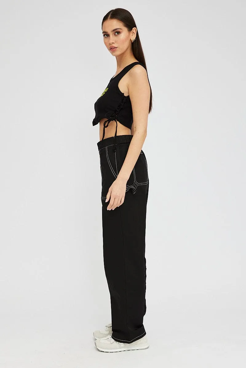 Feminine Fit Smart Style Black Cargo Pants Mid Rise Contrast Stitch