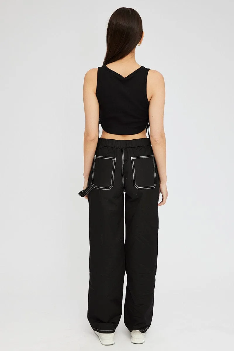 Black Cargo Pants Mid Rise Contrast Stitch Flattering Waist Padded hips