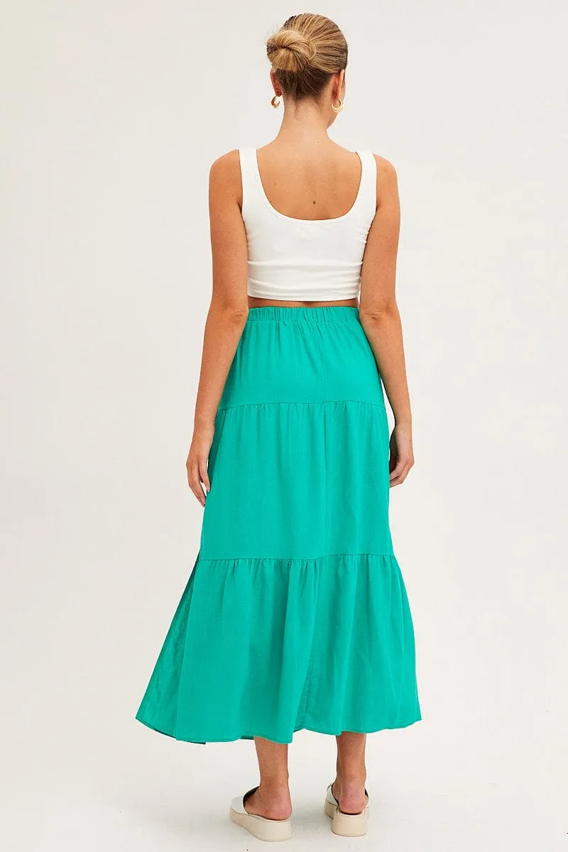 slim fit Green Maxi Skirt High Waist Split Tiered