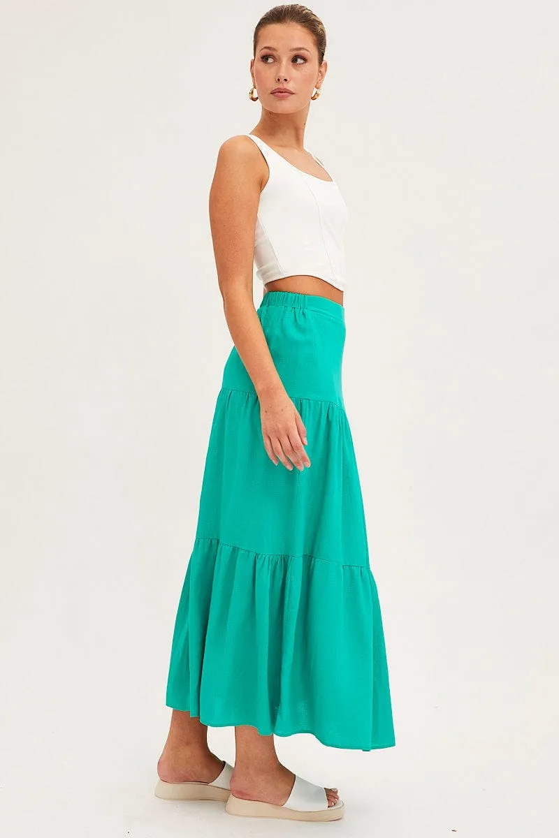 Green Maxi Skirt High Waist Split Tiered Detachable Detail