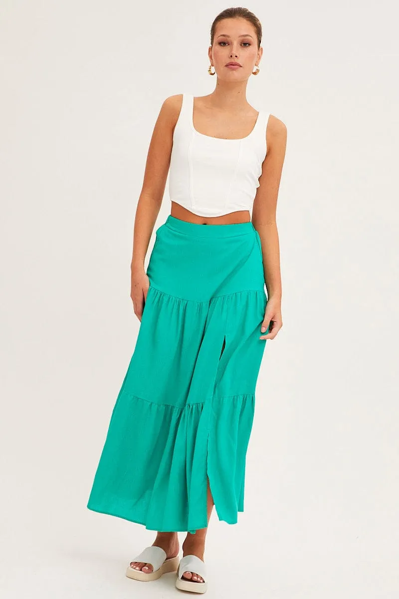 Green Maxi Skirt High Waist Split Tiered Winter Layering