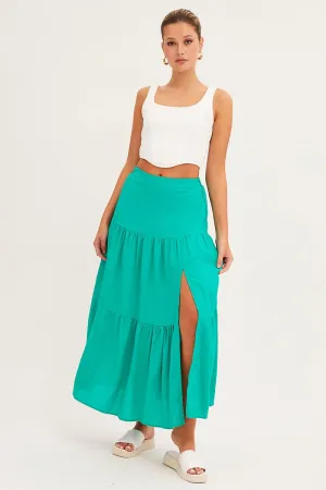 Easy Fashion Minimalist fashion Green Maxi Skirt High Waist Split Tiered
