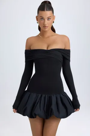 Multi Way Tying Option Light Fit Modal Off-Shoulder Bubble Hem Mini Dress in Black