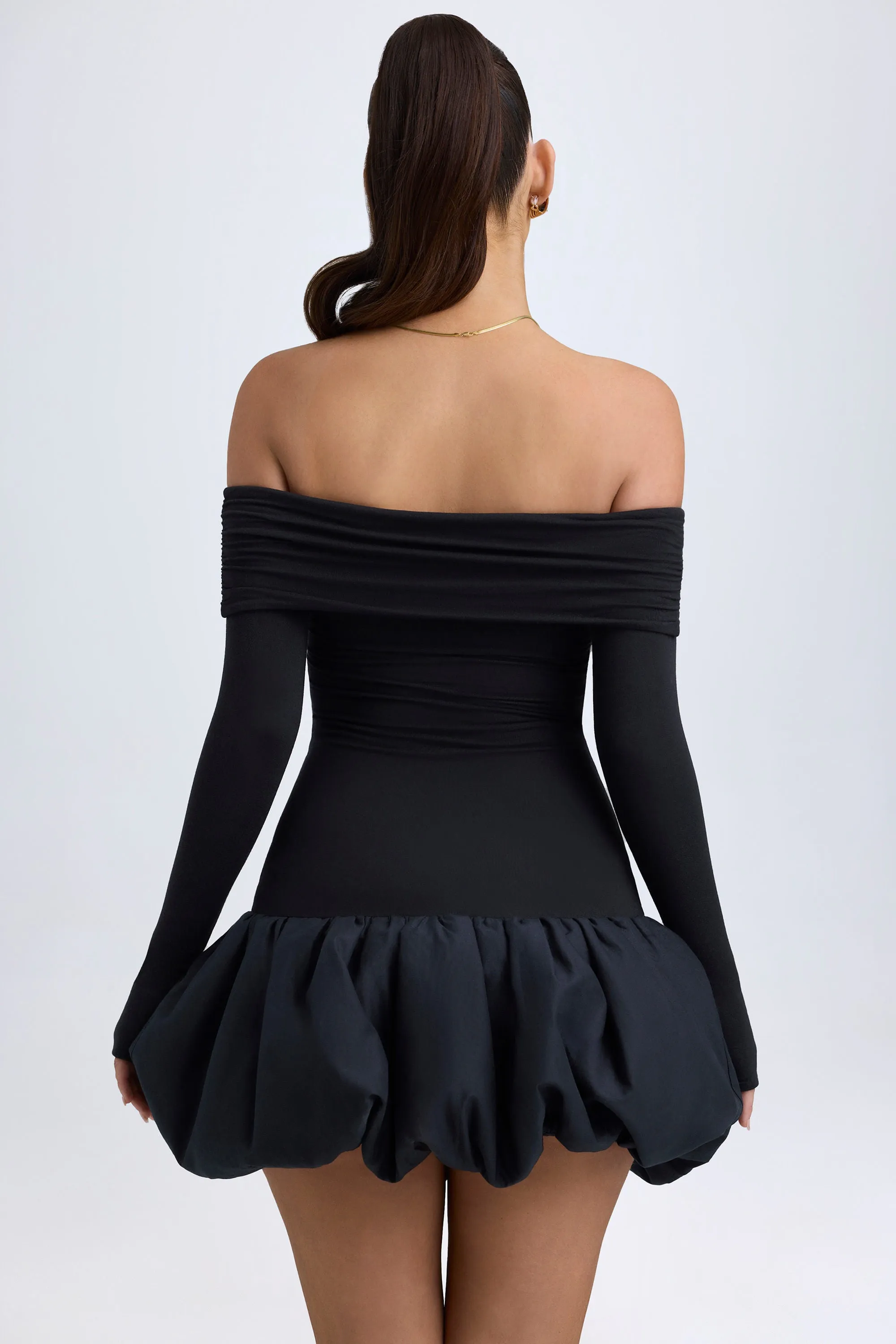 Modal Off-Shoulder Bubble Hem Mini Dress in Black Flirty Wear Stylish short formal dress