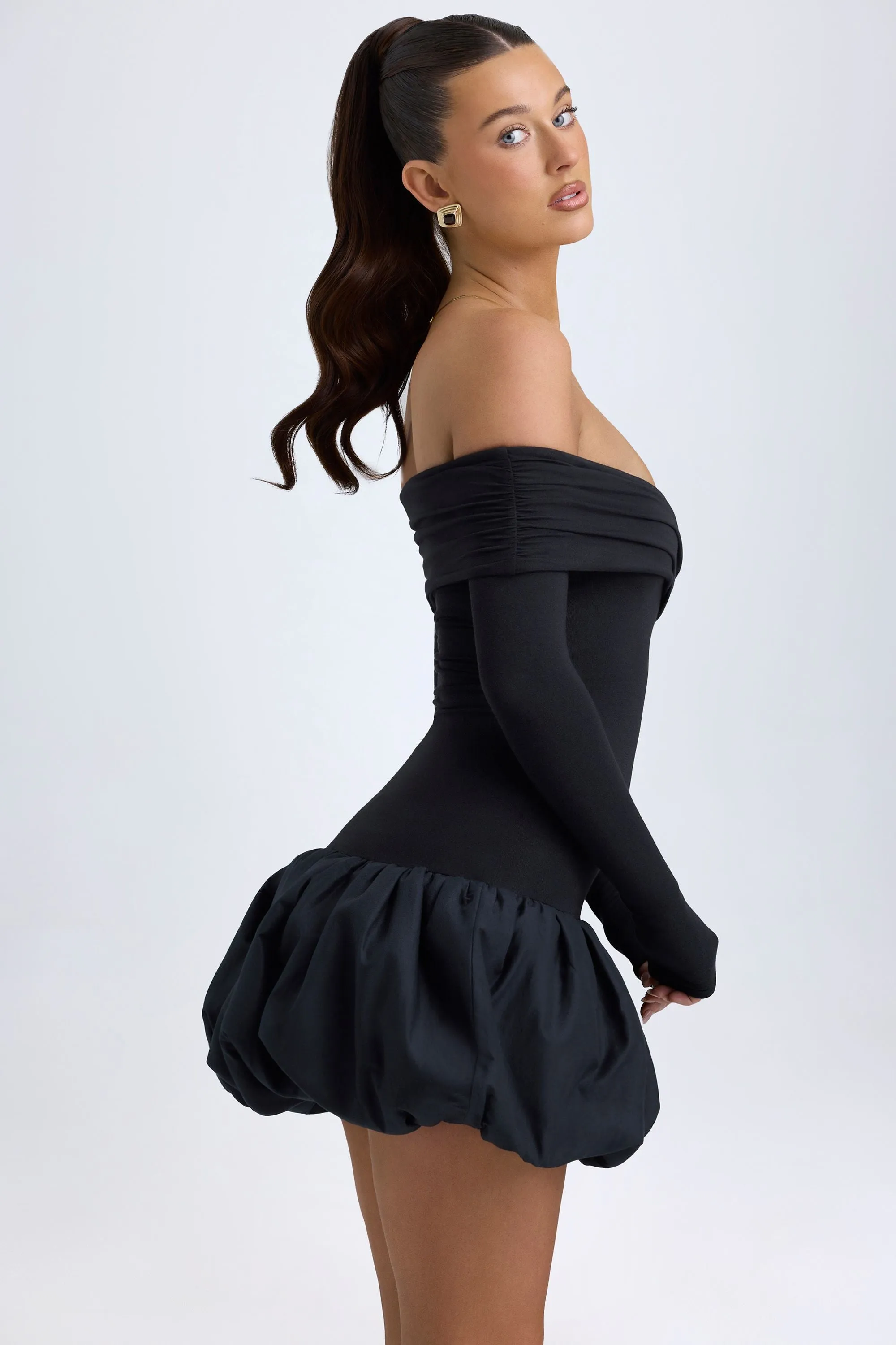 Modal Off-Shoulder Bubble Hem Mini Dress in Black Fashion Glow