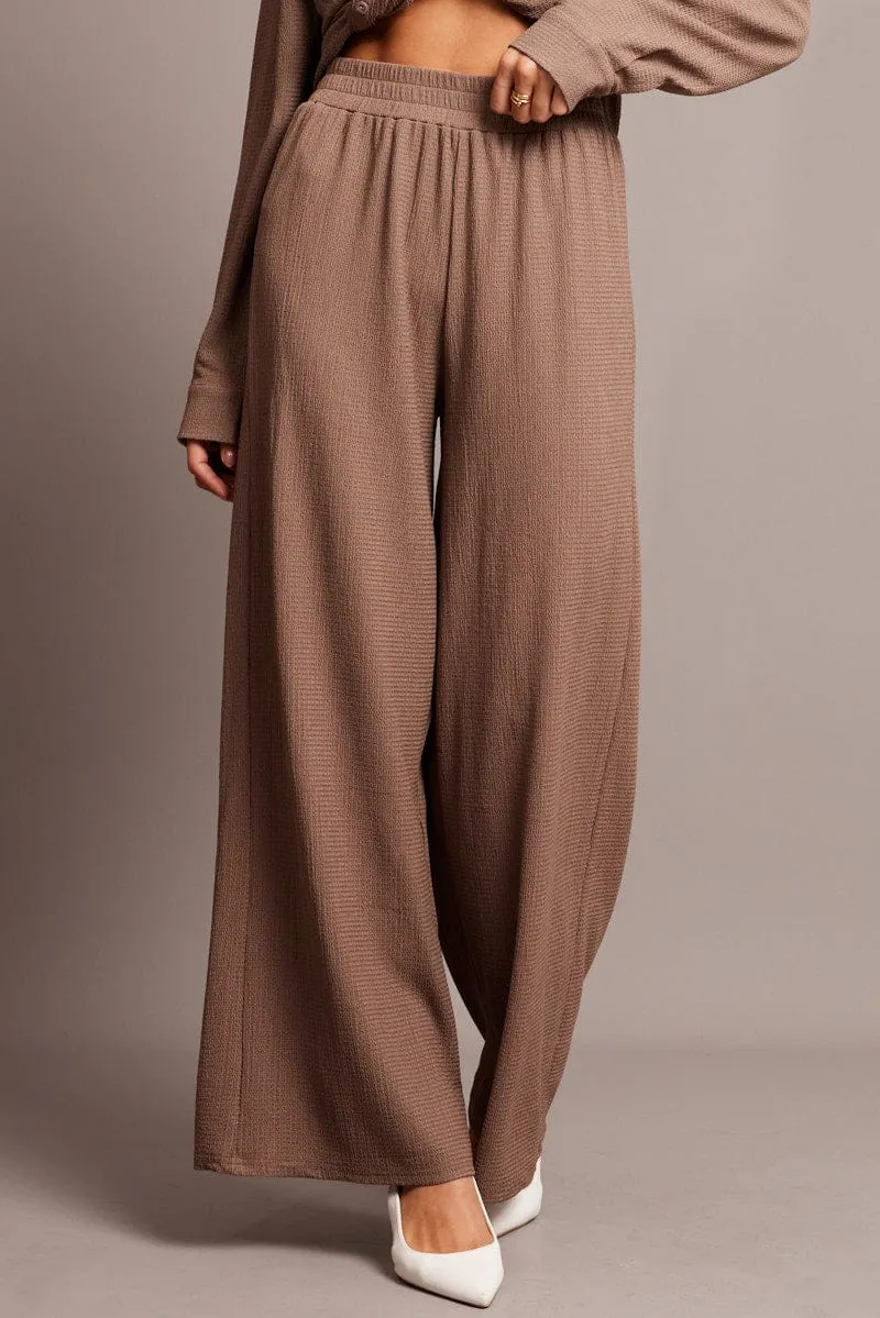 FrictionResistantEdging Recyclable Fabric Blend Brown Wide Leg Pants Elasticated Waist