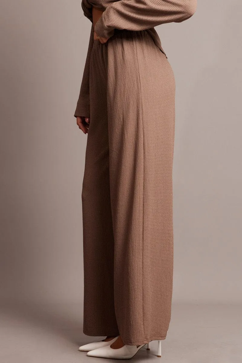 Brown Wide Leg Pants Elasticated Waist Cozy Layering