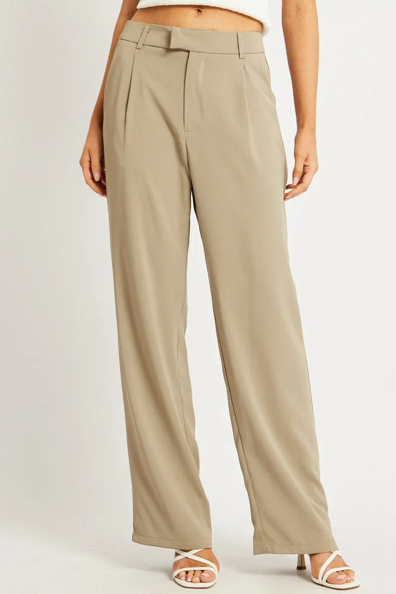 Soft Brushed Lining Brown Wide Leg Pants Mid Rise
