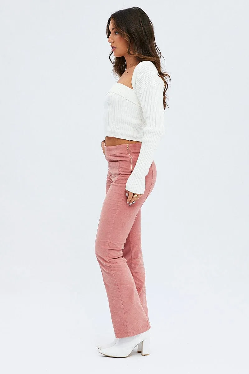 Adjustable Waist Pink Flare Leg Pants High Rise Corduroy