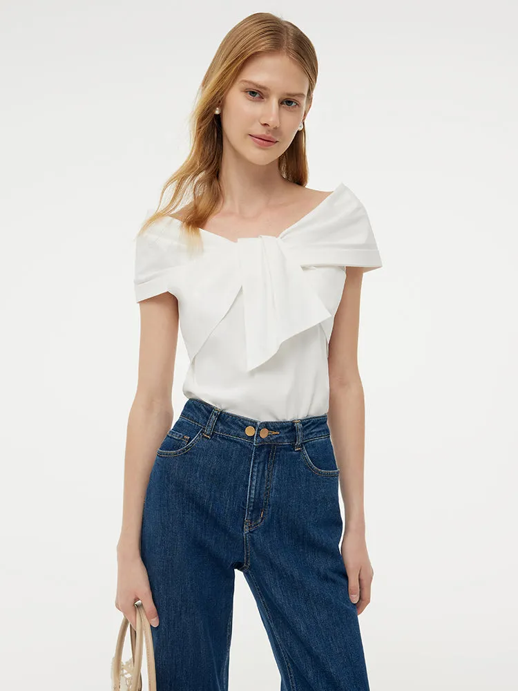 Seasonal Fashion 100% Cotton Stretch Off Shoulder Women Bow Top