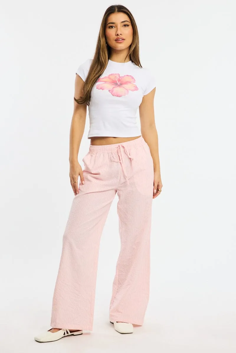 Pink Stripe Wide Leg Pants Elasticated Waist Quality Fabric Abrasion Resistant Material