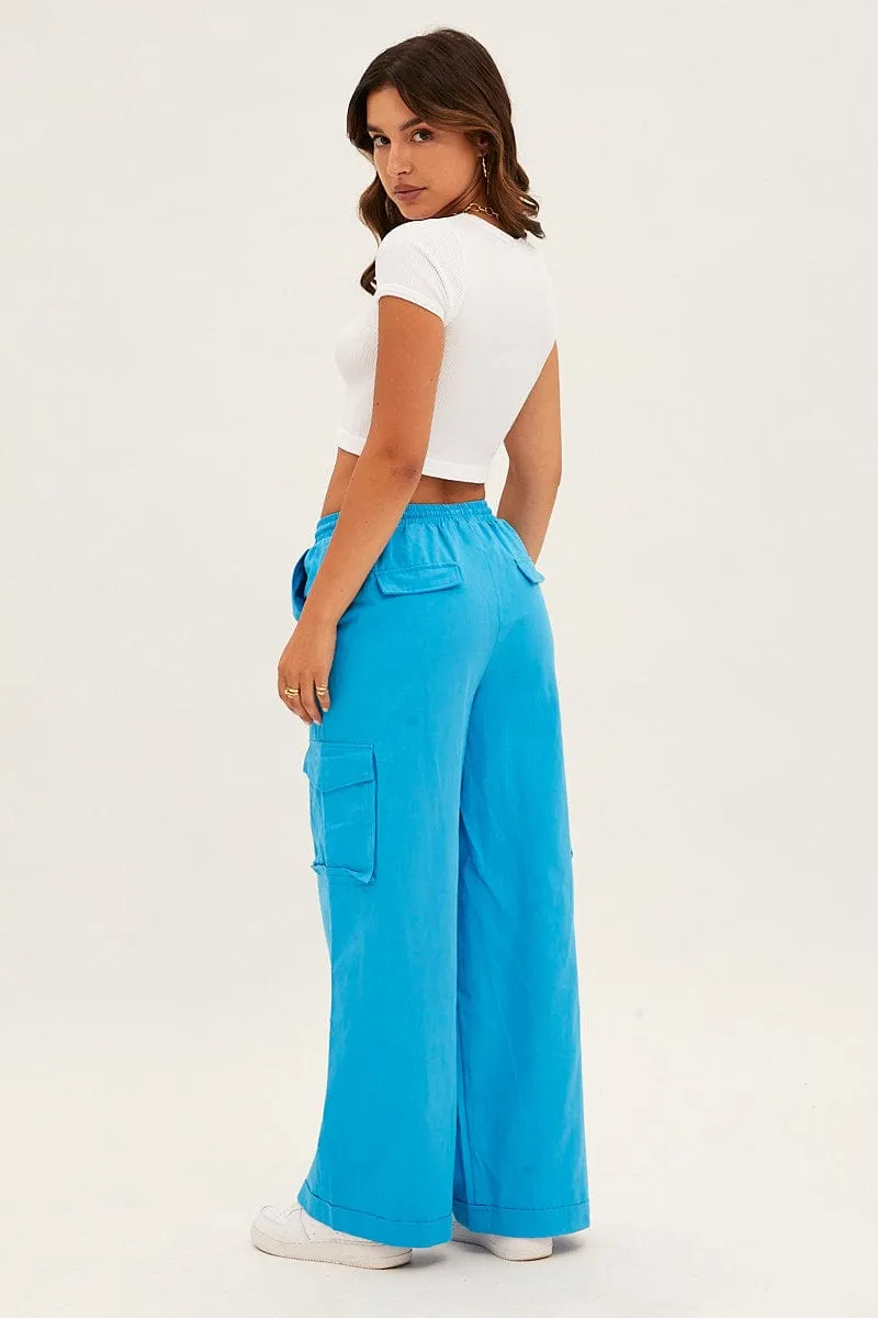 Flexible Layer Anti Snag Fabric Blue Cargo Pant Wide Leg Elastic Waist Cotton Twill