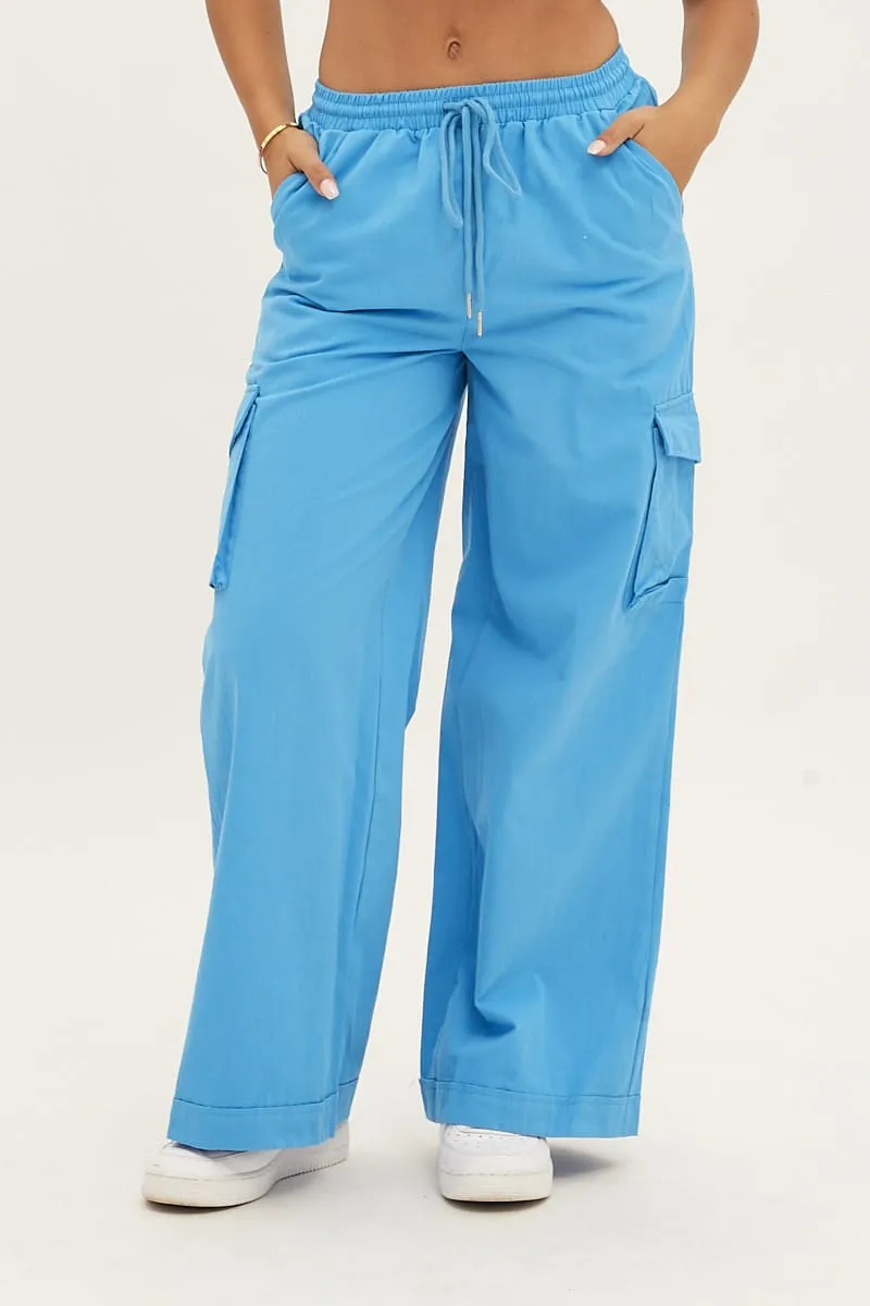 Blue Cargo Pant Wide Leg Elastic Waist Cotton Twill Comfy Essentials Wear