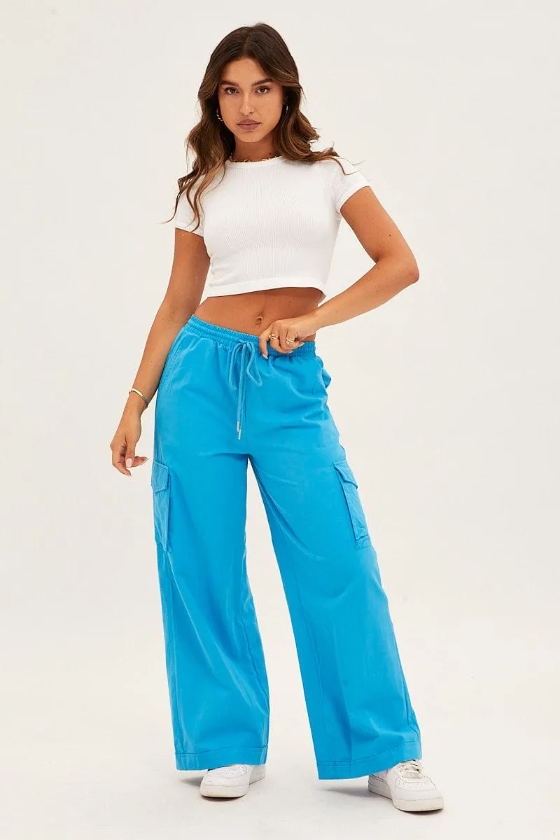 Blue Cargo Pant Wide Leg Elastic Waist Cotton Twill Eco Friendly Dye Process