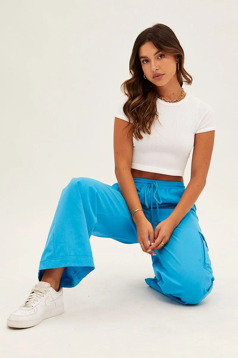 Blue Cargo Pant Wide Leg Elastic Waist Cotton Twill Cozy Feel Comfort-First