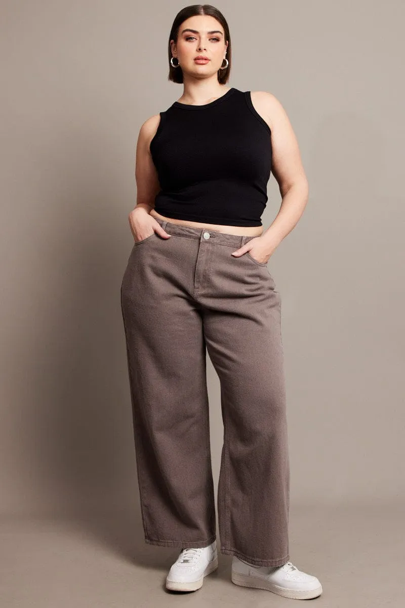 Grey Wide Leg Jeans High Rise Multi Pocket Design Stretch Holiday Vibes Streetwear Fan