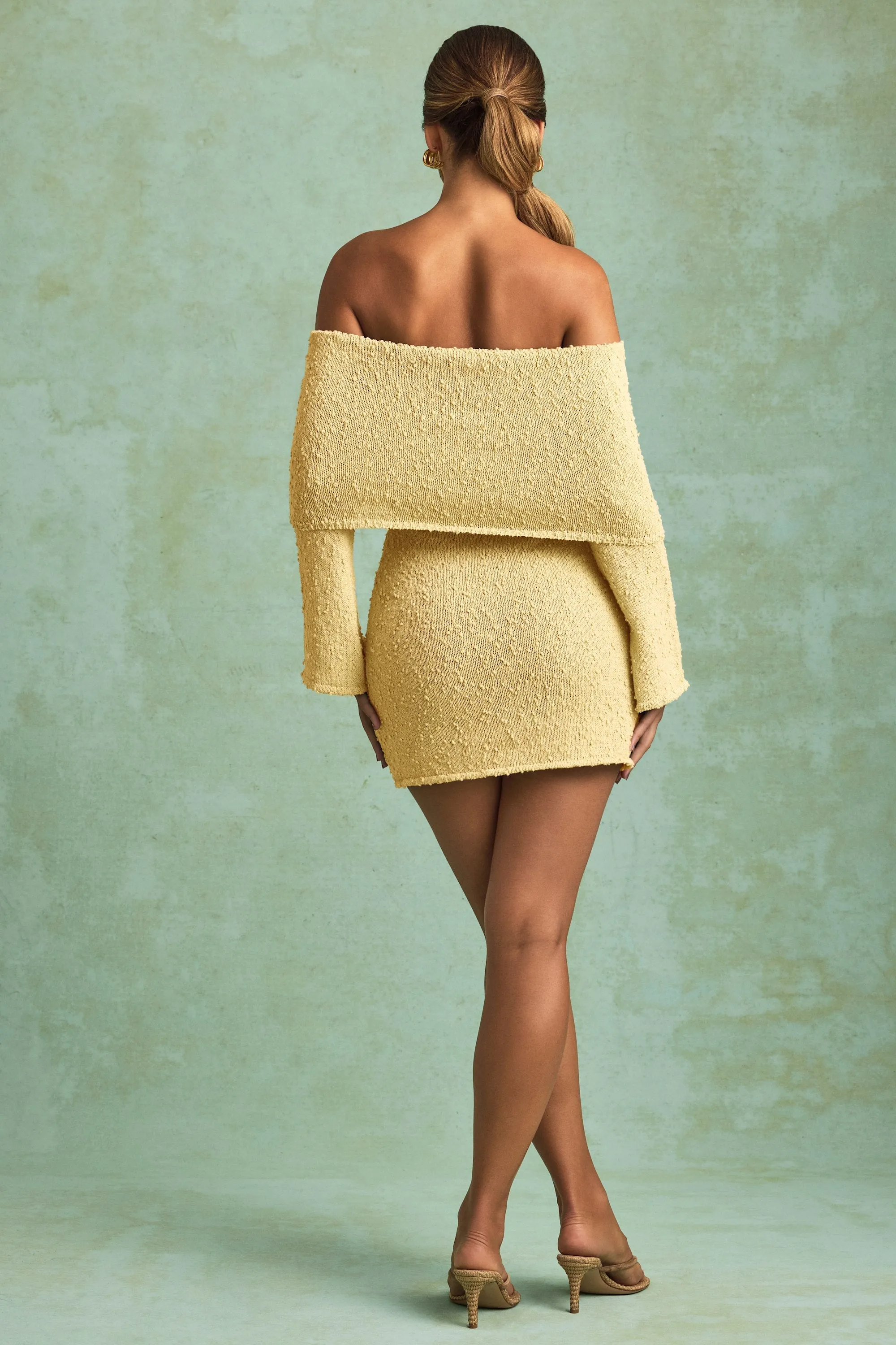 Boucl?? Off-Shoulder Mini Dress in Yellow Scene Mood